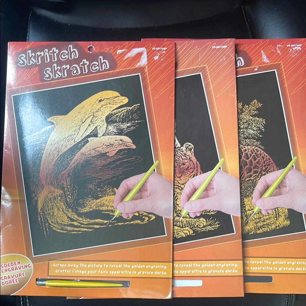 Skritch Skratch Golden Engraving Kits- 3 Pack Dolphins, Lions, & Giraffes